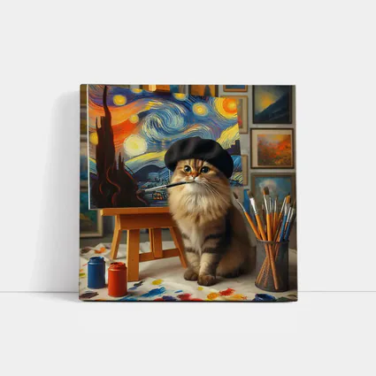 Cat Artist Painting Starry Night Studio