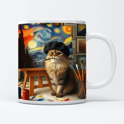 Cat Artist Painting Starry Night Studio