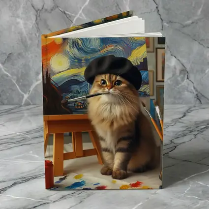 Cat Artist Painting Starry Night Studio