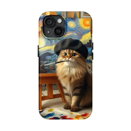 Cat Artist Painting Starry Night Studio