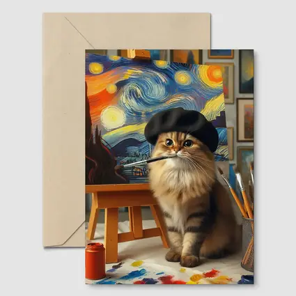 Cat Artist Painting Starry Night Studio