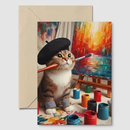 Artist Cat Wearing Beret Painting Studio