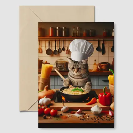 Chef Cat Cooking Pasta in Kitchen