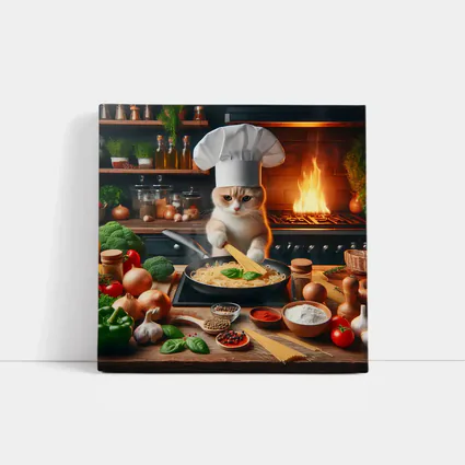Cat Chef Cooking Pasta In Kitchen