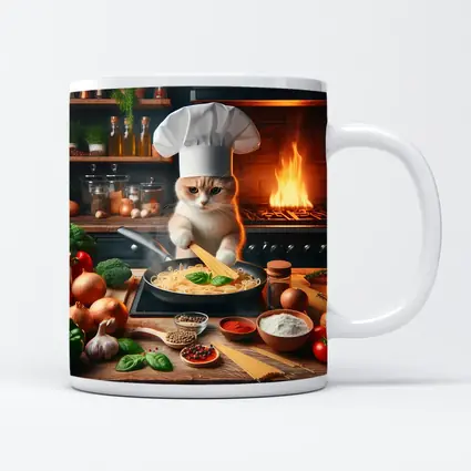 Cat Chef Cooking Pasta In Kitchen