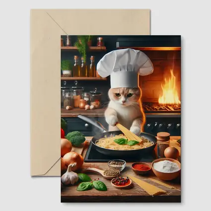 Cat Chef Cooking Pasta In Kitchen