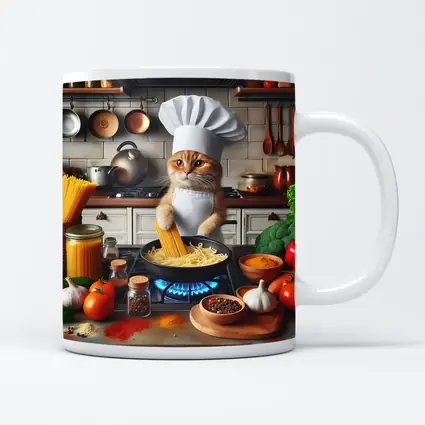Orange Cat Chef Cooking Pasta Kitchen