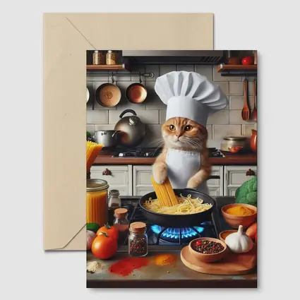 Orange Cat Chef Cooking Pasta Kitchen