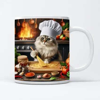 Chef Cat Cooking Pasta Kitchen Scene