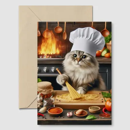 Chef Cat Cooking Pasta Kitchen Scene