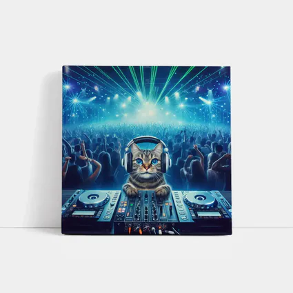 Tabby Cat DJ Mixing Neon Concert Crowd