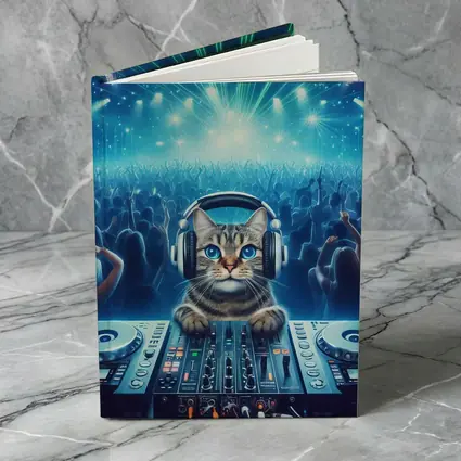 Tabby Cat DJ Mixing Neon Concert Crowd