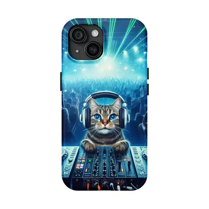 Tabby Cat DJ Mixing Neon Concert Crowd