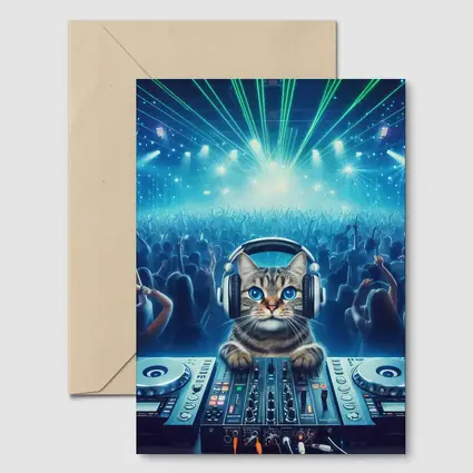 Tabby Cat DJ Mixing Neon Concert Crowd
