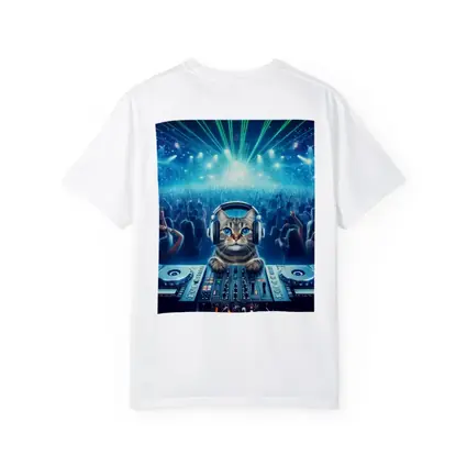 Tabby Cat DJ Mixing Neon Concert Crowd