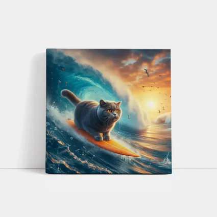 British Shorthair Cat Surfing Ocean Waves Sunset