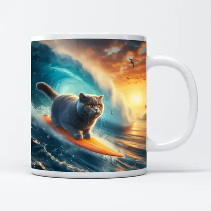 British Shorthair Cat Surfing Ocean Waves Sunset