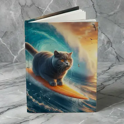 British Shorthair Cat Surfing Ocean Waves Sunset