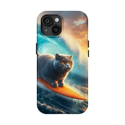 British Shorthair Cat Surfing Ocean Waves Sunset