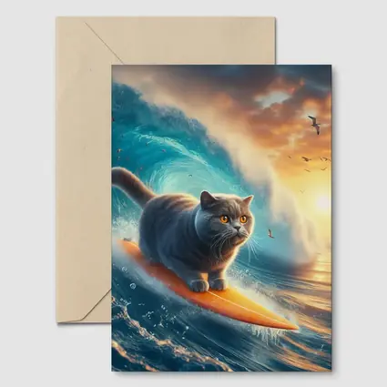 British Shorthair Cat Surfing Ocean Waves Sunset