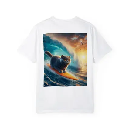 British Shorthair Cat Surfing Ocean Waves Sunset