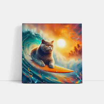 British Shorthair Cat Surfing Ocean Wave