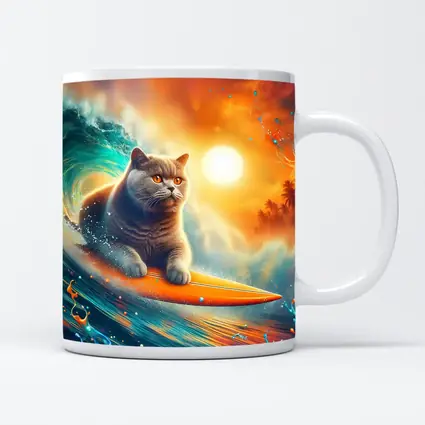 British Shorthair Cat Surfing Ocean Wave