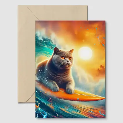 British Shorthair Cat Surfing Ocean Wave