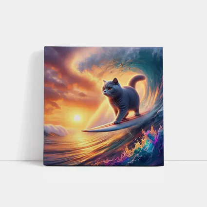 Gray Cat Surfing Ocean Wave Sunset