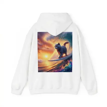 Gray Cat Surfing Ocean Wave Sunset