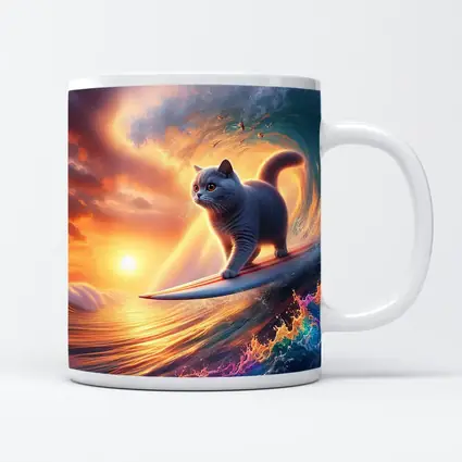 Gray Cat Surfing Ocean Wave Sunset