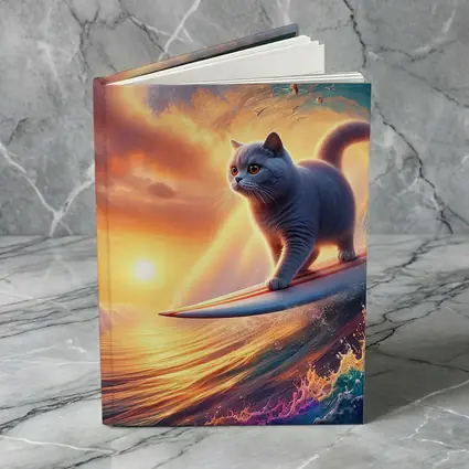 Gray Cat Surfing Ocean Wave Sunset