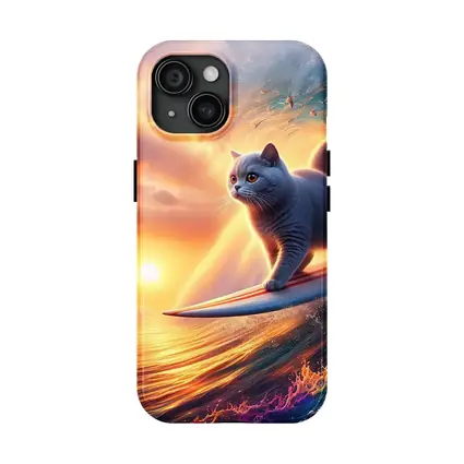 Gray Cat Surfing Ocean Wave Sunset