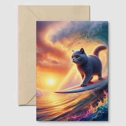 Gray Cat Surfing Ocean Wave Sunset