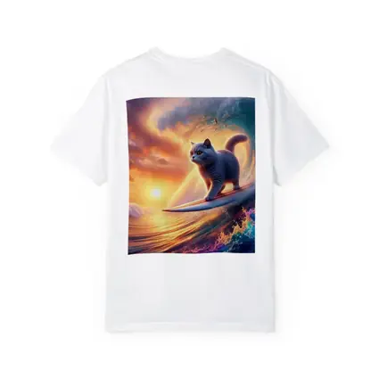 Gray Cat Surfing Ocean Wave Sunset