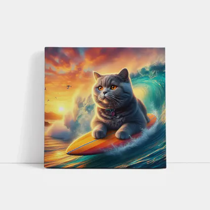 British Shorthair Cat Surfing Ocean Sunset Waves