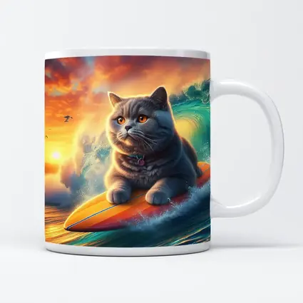 British Shorthair Cat Surfing Ocean Sunset Waves