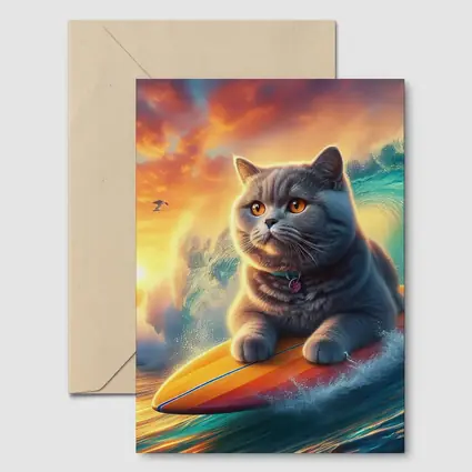 British Shorthair Cat Surfing Ocean Sunset Waves