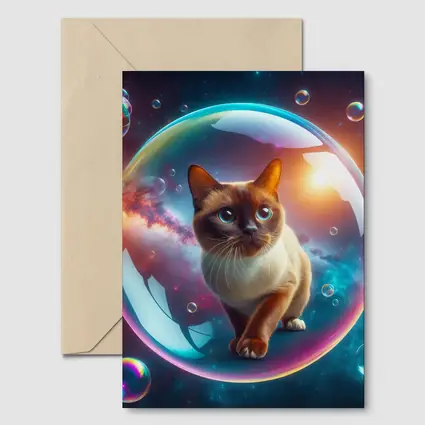 Burmese Cat Inside Iridescent Bubble Space