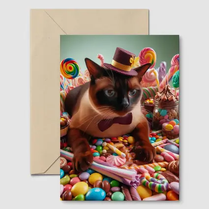Siamese Cat Dressed Up Among Colorful Candies