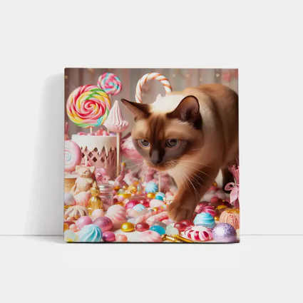 Burmese Cat Among Pastel Candy Sweets