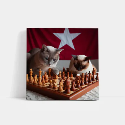 Siamese Cats Playing Chess Red Flag