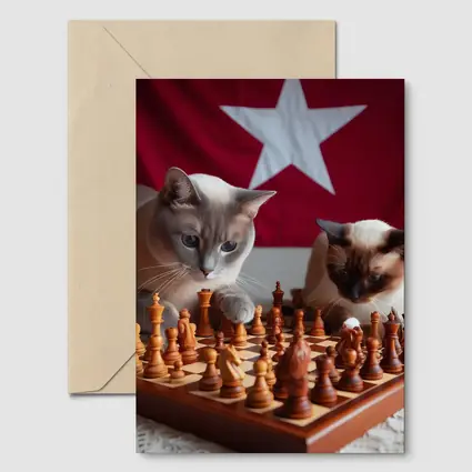 Siamese Cats Playing Chess Red Flag