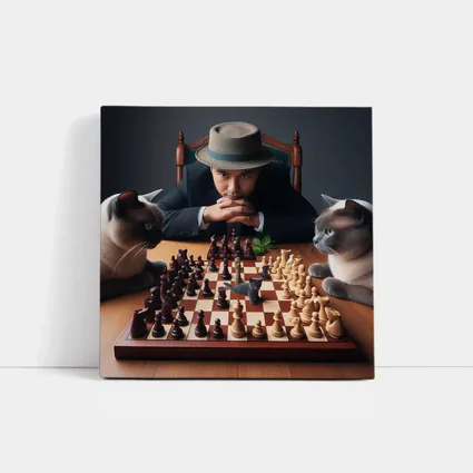 Man in Hat Playing Chess with Cats