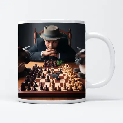 Man in Hat Playing Chess with Cats