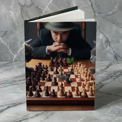 Man in Hat Playing Chess with Cats