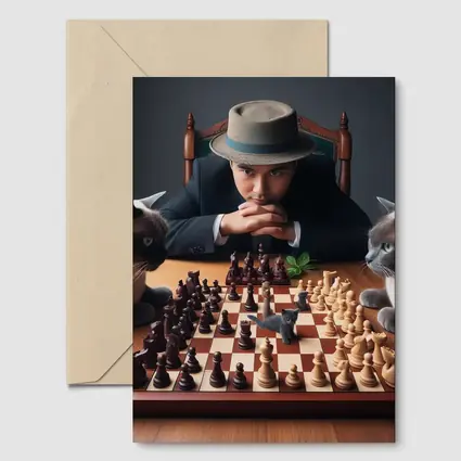 Man in Hat Playing Chess with Cats