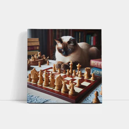 Siamese Cat Studying Chess Board Library