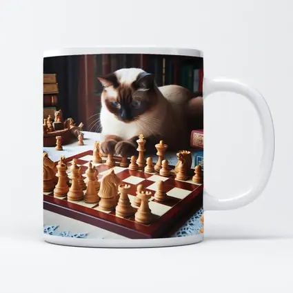 Siamese Cat Studying Chess Board Library