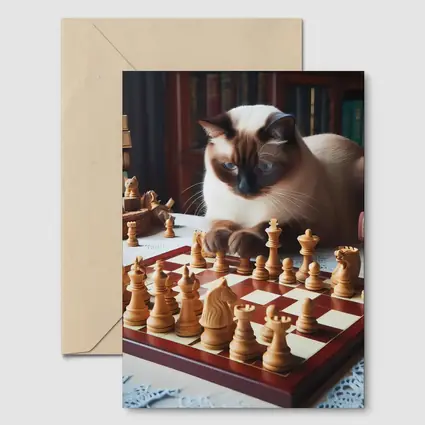 Siamese Cat Studying Chess Board Library